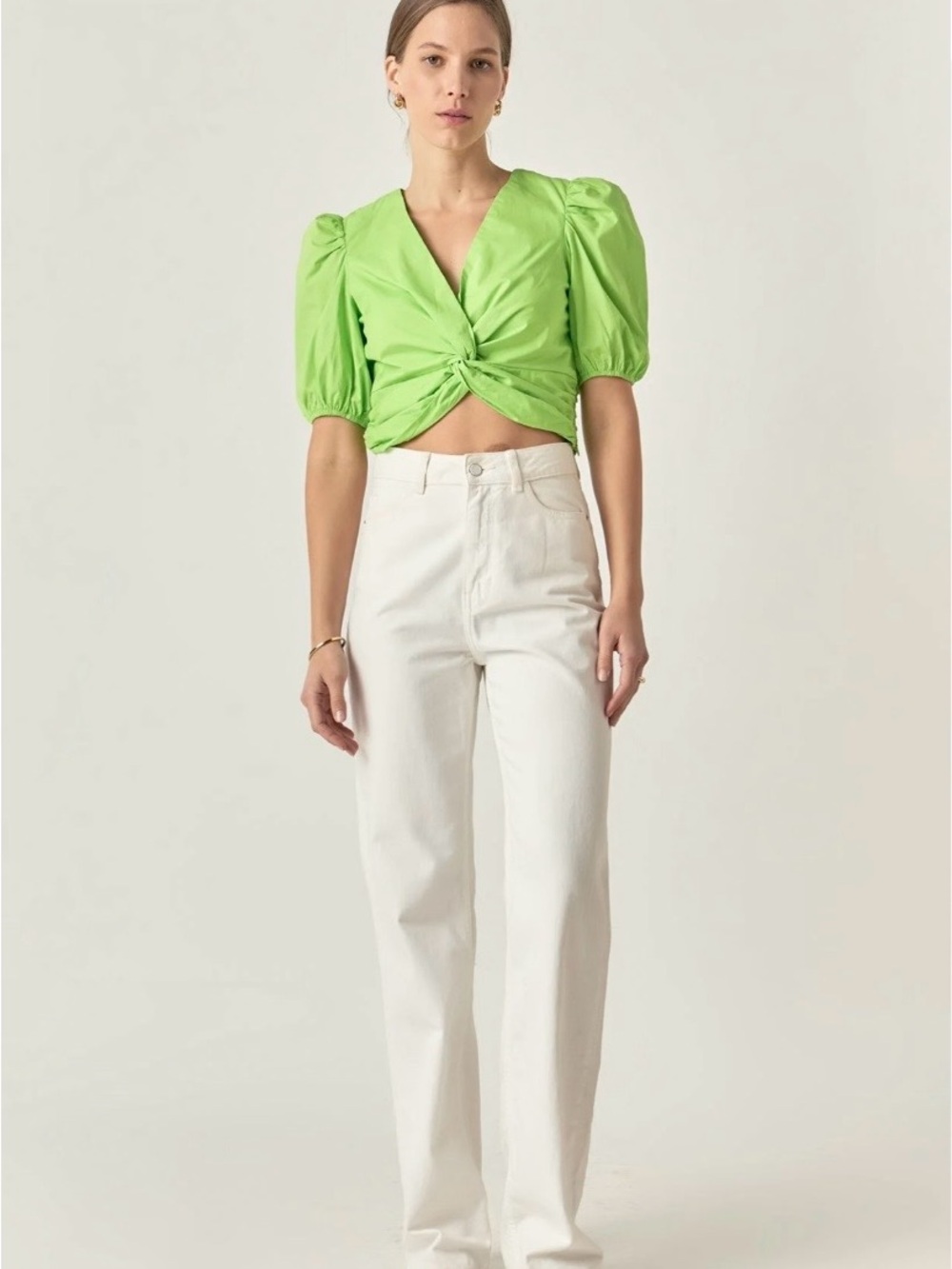 English Factory Lime Green Twist-Front Puff Sleeve Crop Top